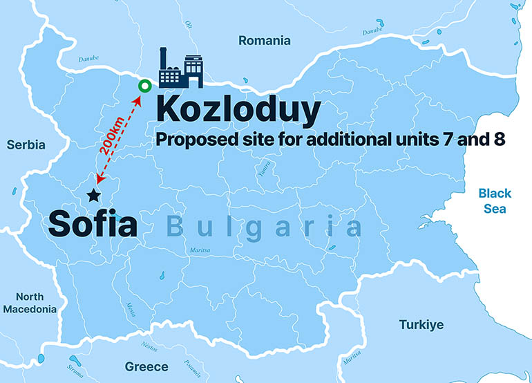 Location of Kozloduy Nuclear Power Plant, Bulgaria Proposed site for additional units 7 and 8, Sofia, Serbia, North Macedonia, Greece, Turkiye, Black Sea, Romania